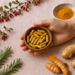 Mature woman's hand holding berberine capsules surrounded by barberry, turmeric, and ginger on a soft pink linen tablecloth