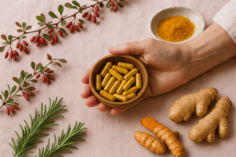Mature woman's hand holding berberine capsules surrounded by barberry, turmeric, and ginger on a soft pink linen tablecloth