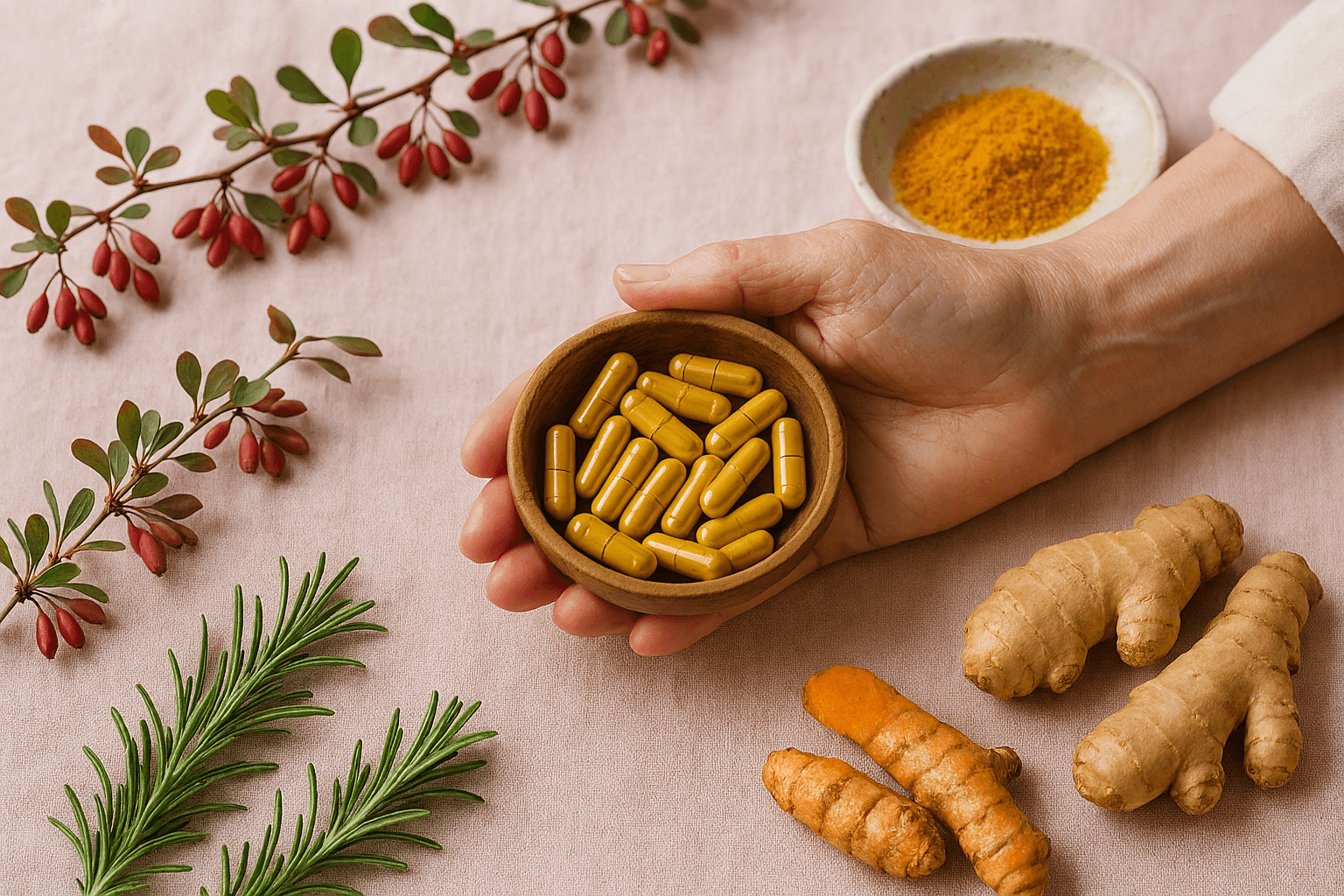 Mature woman's hand holding berberine capsules surrounded by barberry, turmeric, and ginger on a soft pink linen tablecloth