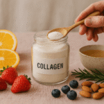 Editorial still life of Collagen Refresh powder with vitamin C-rich foods including oranges, strawberries, and bone broth on a soft pink linen tablecloth