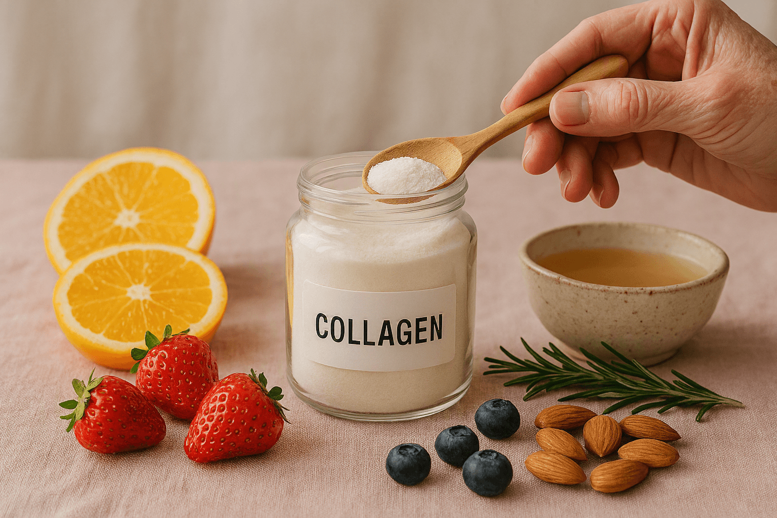 Editorial still life of Collagen Refresh powder with vitamin C-rich foods including oranges, strawberries, and bone broth on a soft pink linen tablecloth