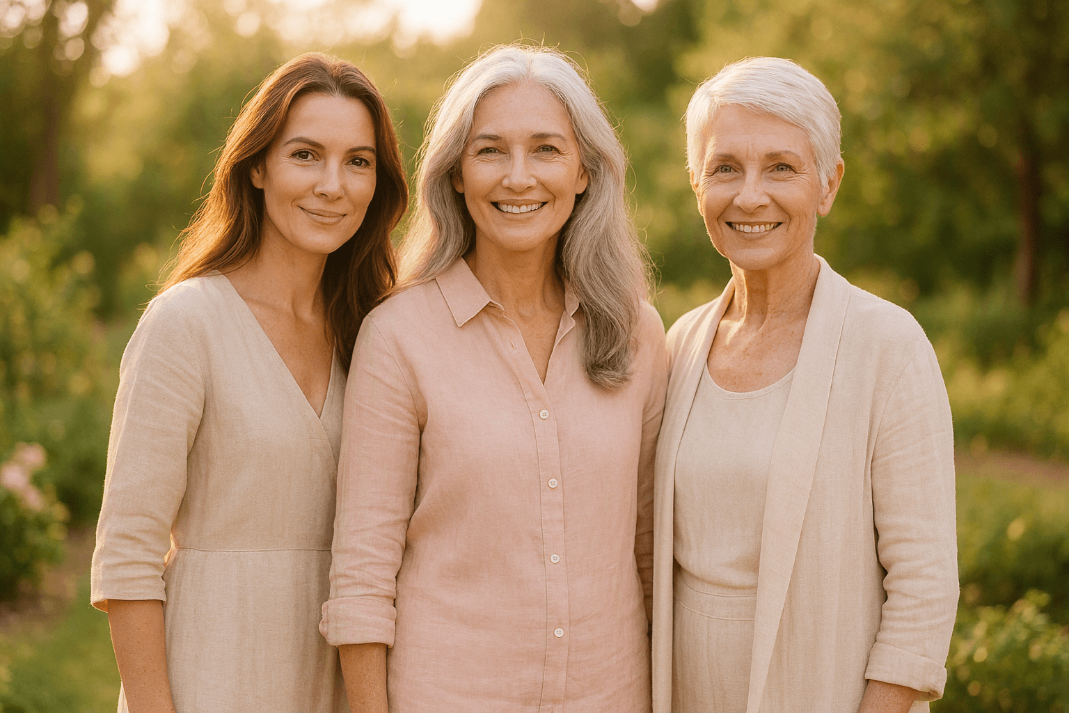 Three confident women representing the stages of menopause journey