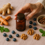 Editorial still life of Joint Genesis supplement bottle surrounded by anti-inflammatory ingredients including turmeric, ginger, and berries on a soft pink linen tablecloth