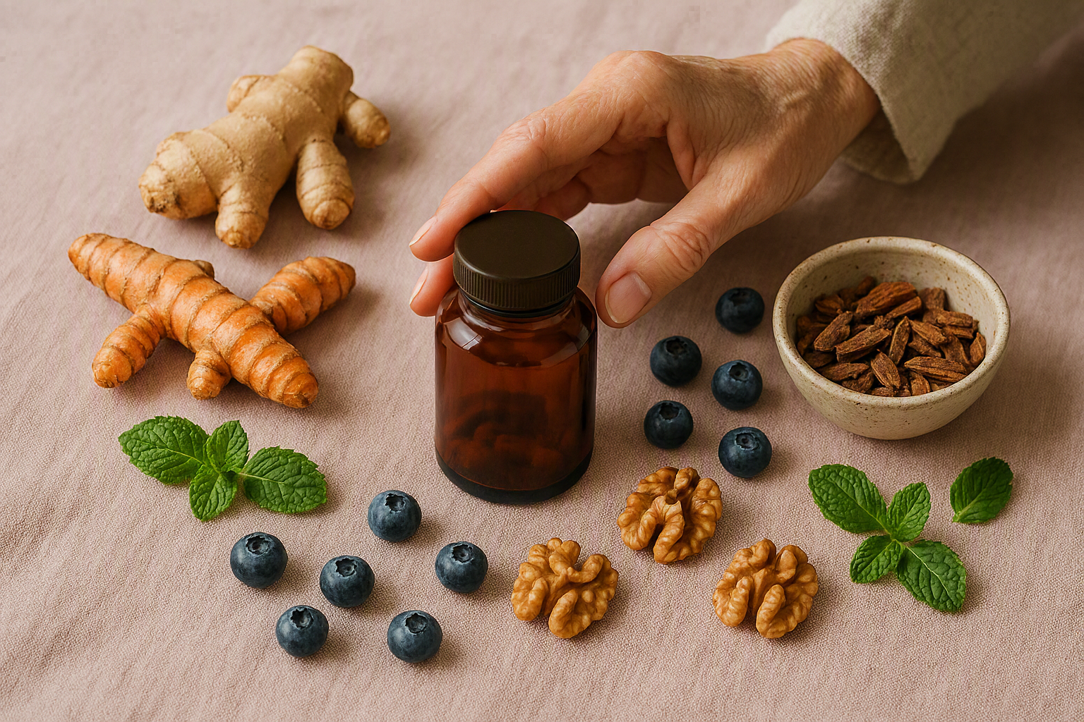 Editorial still life of Joint Genesis supplement bottle surrounded by anti-inflammatory ingredients including turmeric, ginger, and berries on a soft pink linen tablecloth