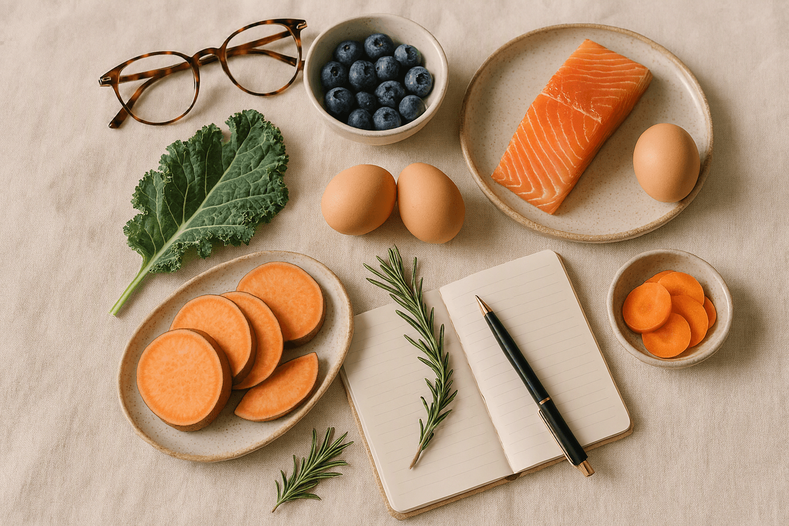 Vision changes after 40 - eye health foods including blueberries, kale, eggs, salmon and reading glasses on a wellness flat lay