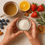 Mature woman's hands holding a glass bowl of collagen powder surrounded by vitamin C-rich foods and bone broth on a soft pink linen tablecloth