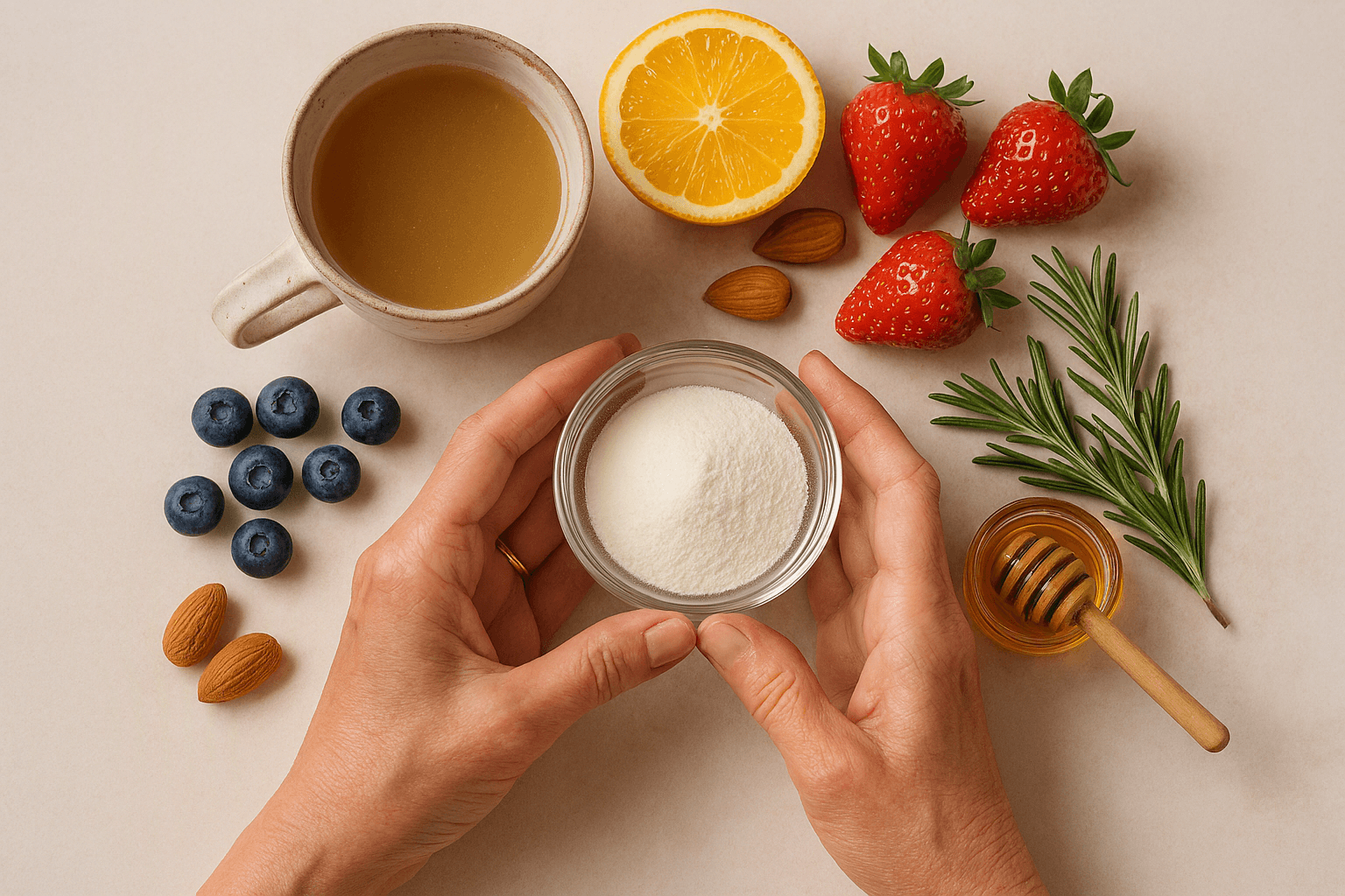 Mature woman's hands holding a glass bowl of collagen powder surrounded by vitamin C-rich foods and bone broth on a soft pink linen tablecloth