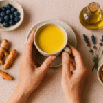 Mature woman's hands holding a warm turmeric latte surrounded by anti-inflammatory foods on a soft pink linen tablecloth