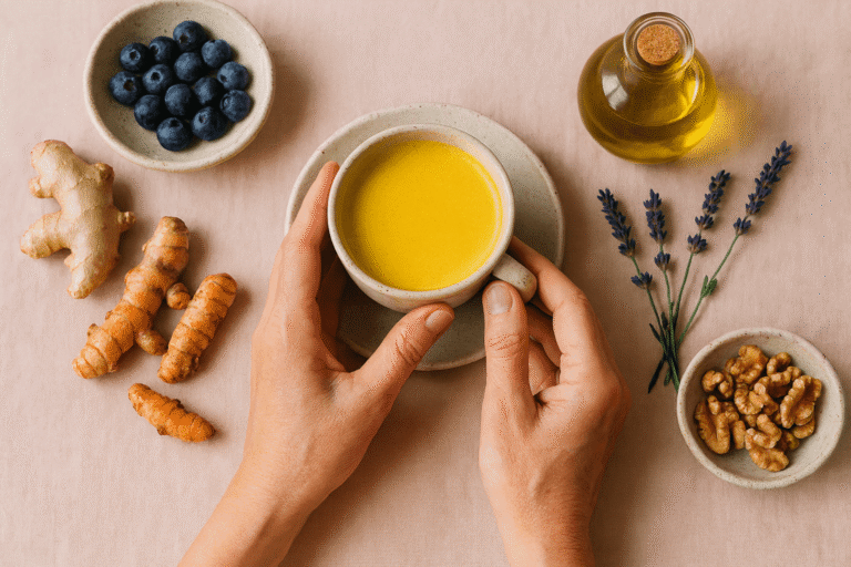 Mature woman's hands holding a warm turmeric latte surrounded by anti-inflammatory foods on a soft pink linen tablecloth