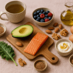 Editorial flat lay of menopause diet foods including salmon, avocado, berries, Greek yogurt, eggs, nuts, and olive oil on a soft pink linen tablecloth