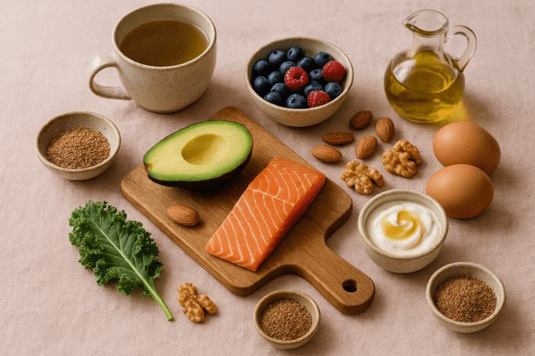 Editorial flat lay of menopause diet foods including salmon, avocado, berries, Greek yogurt, eggs, nuts, and olive oil on a soft pink linen tablecloth