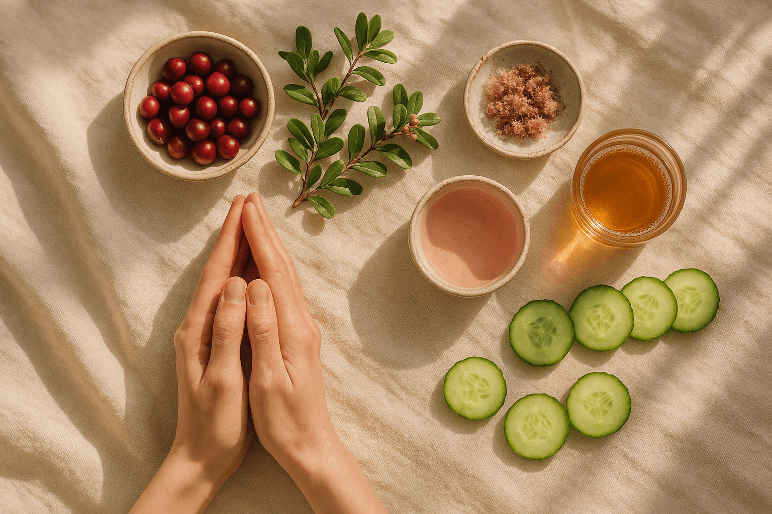 Bladder leaks after 40 wellness flat lay with cranberries, herbs, kombucha and cucumber - natural bladder support for women