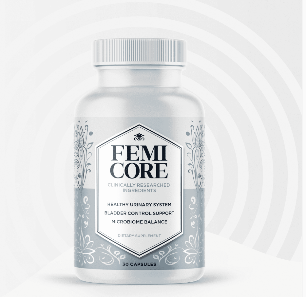 FemiCore Review - real product bottle showing 9-ingredient formula with probiotics for bladder health