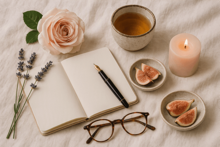 Low libido after 40 wellness flat lay with rose, herbal tea, journal and lavender - a peaceful reset for midlife intimacy