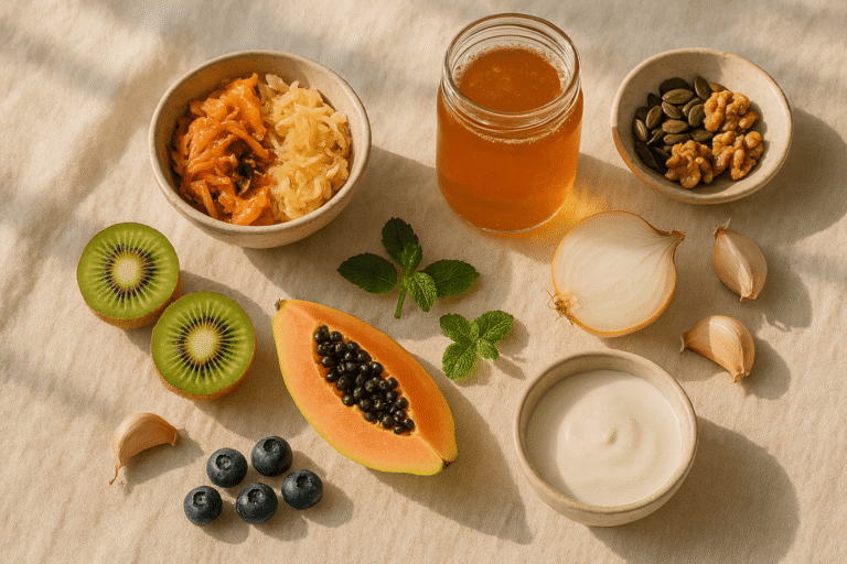 Menopause gut health wellness flat lay with fermented foods, kefir, kombucha, prebiotics - natural gut healing after 40