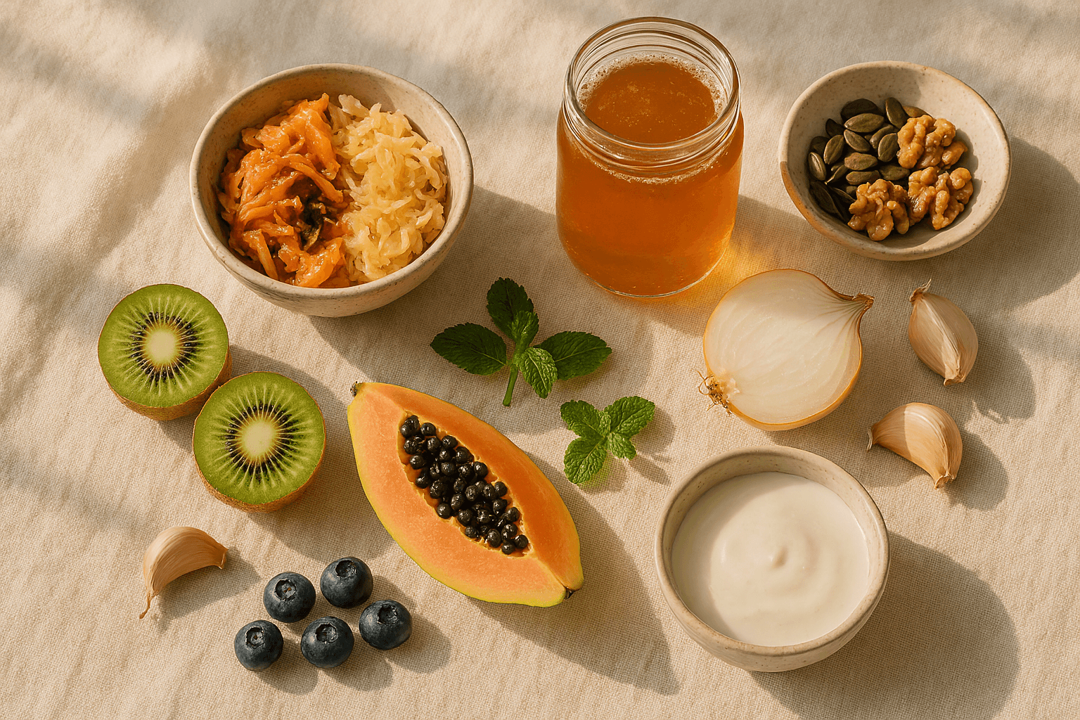 Menopause gut health wellness flat lay with fermented foods, kefir, kombucha, prebiotics - natural gut healing after 40