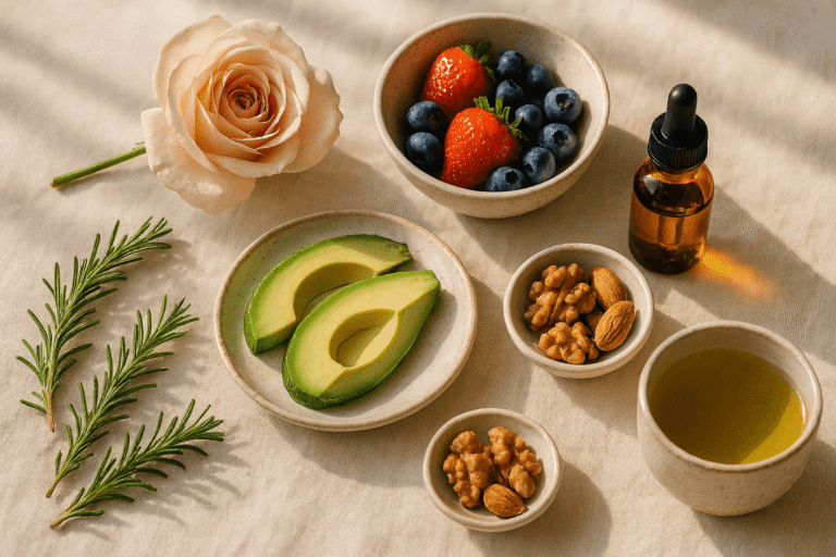 Menopause skin changes wellness flat lay with rose, berries, avocado, walnuts, and rosehip oil - natural nutrition for radiant skin after 40