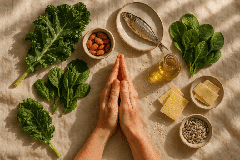 Bone health after 40 wellness flat lay with calcium-rich foods including greens, almonds, sardines - natural nutrition for strong bones