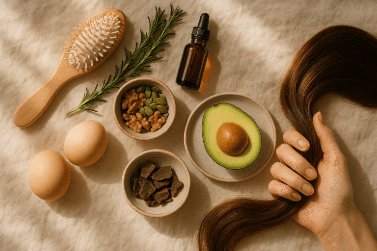 Hair thinning after 40 wellness flat lay with rosemary oil, seeds, avocado, and eggs - natural hair growth nutrition for women 40+