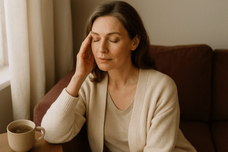 Woman over 40 dealing with menopause migraines naturally