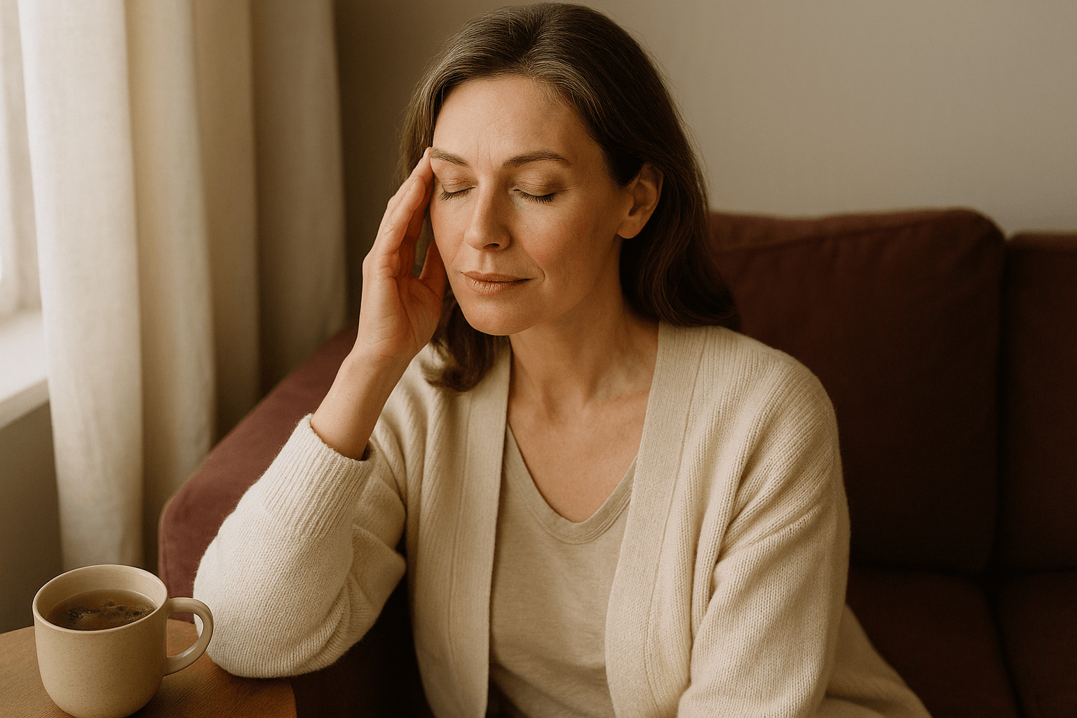 Woman over 40 dealing with menopause migraines naturally