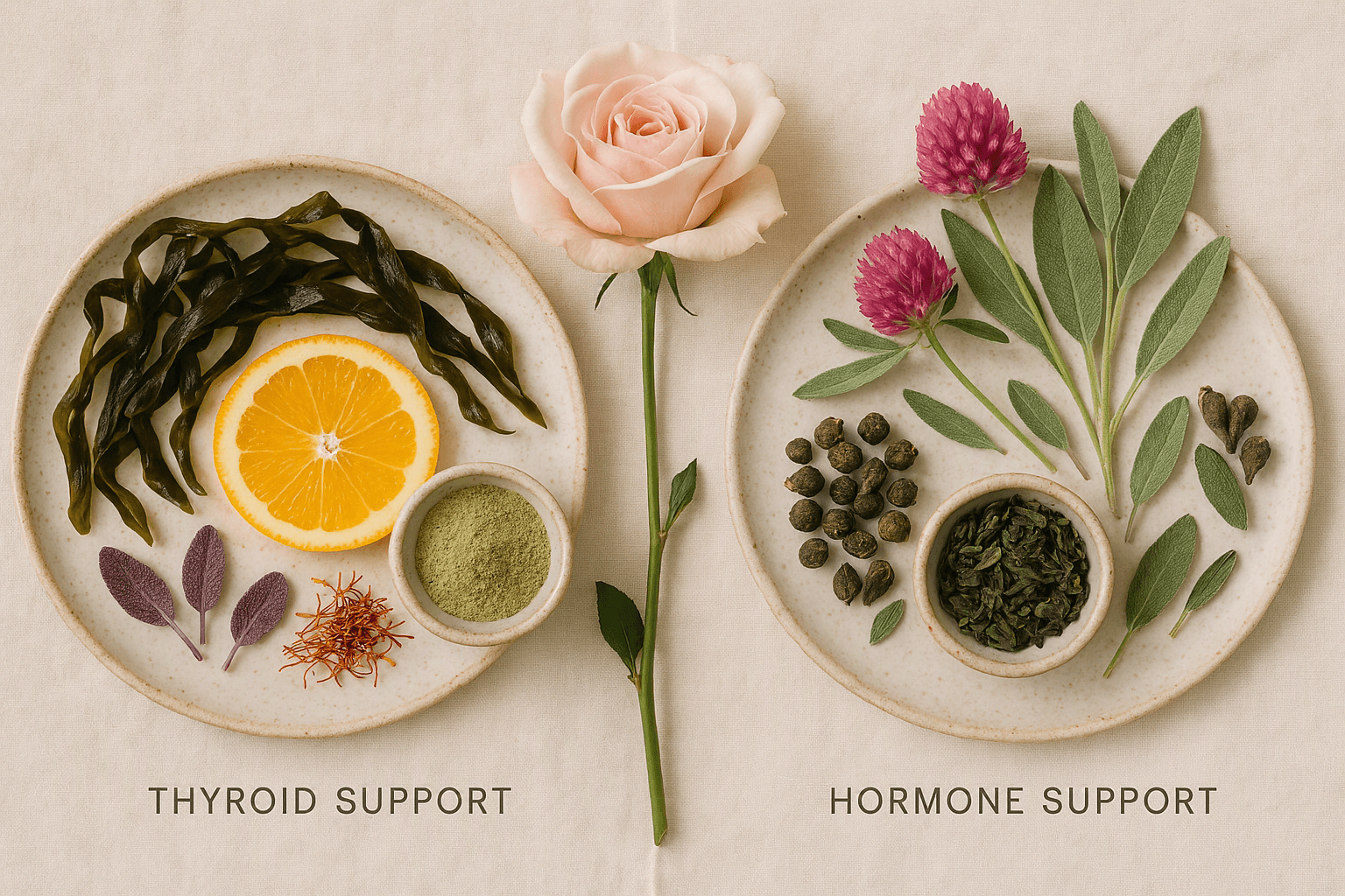 MenoRescue vs Thyrafemme comparison flat lay - hormone support ingredients versus thyroid support ingredients for women 40+